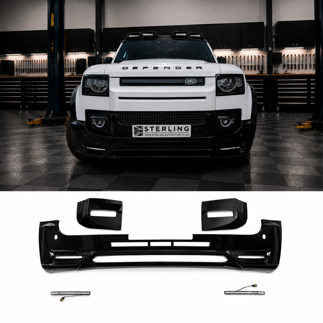 A black glossy front bumper lip kit with integrated fog light housings and two small fog light cover surrounds for a Land Rover Defender is shown both installed on a white Defender in the sterling garage and as a standalone product on a white background