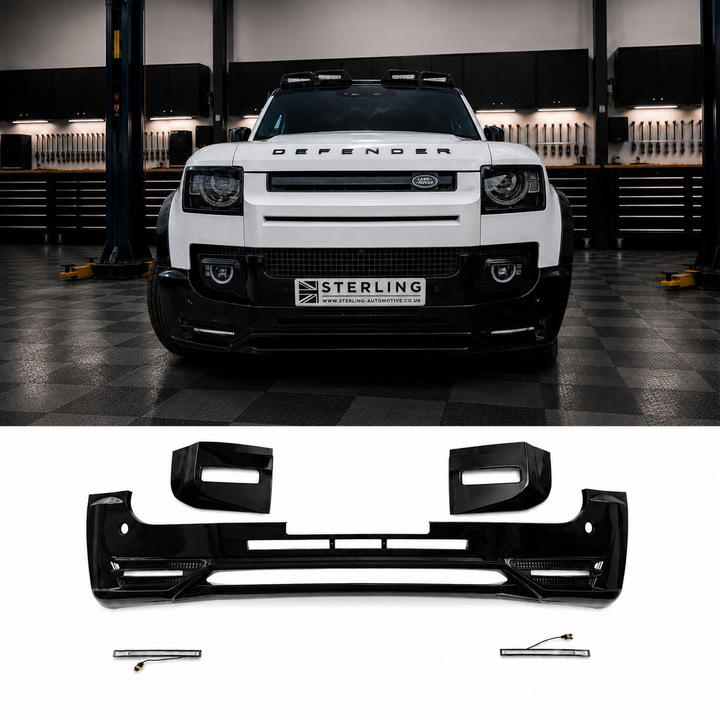 A black glossy front bumper lip kit with integrated fog light housings and two small fog light cover surrounds for a Land Rover Defender is shown both installed on a white Defender in the sterling garage and as a standalone product on a white background