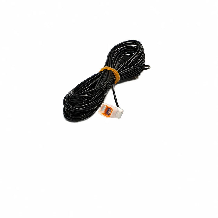 A coiled black cable secured with a yellow band, featuring a white connector with an orange accent, shown on a plain white background.