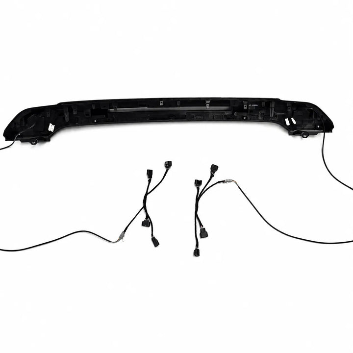 A black automotive led roof spoiler rear trim piece with integrated wiring harnesses and connectors, shown on a plain white background.