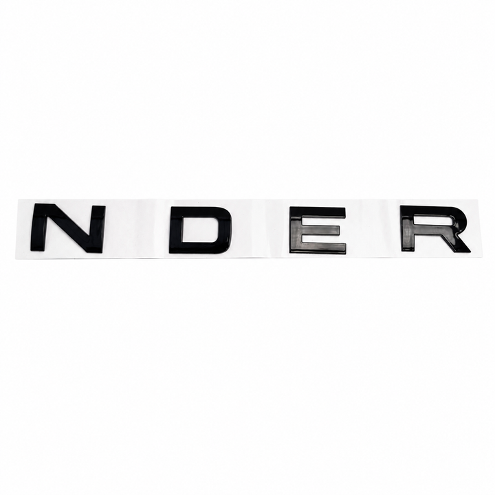 'NDER' bonnet lettering finished in black on a white background