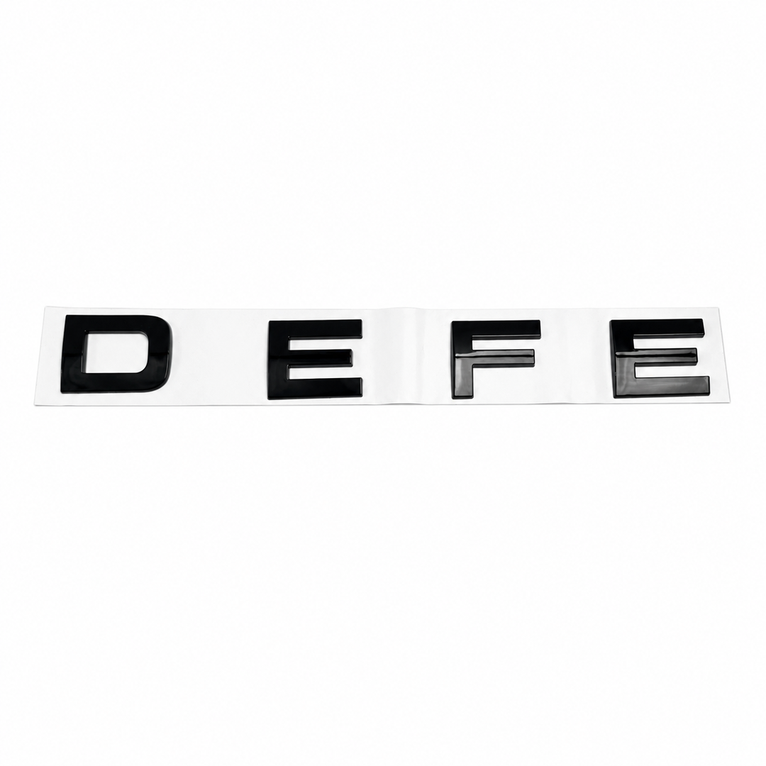 'DEFE' bonnet lettering finished in black on a white background