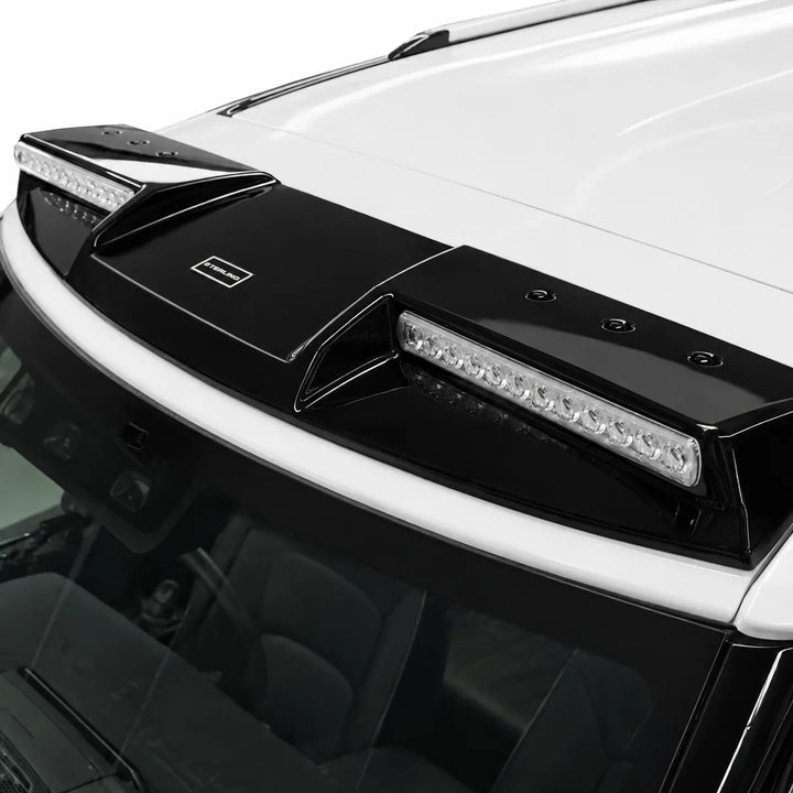 Black roof-mounted LED light bars installed on the upper edge of a white vehicle roof, shown in a close-up studio-style shot.