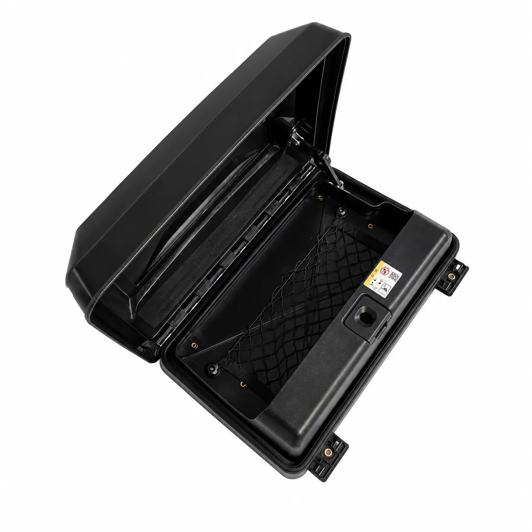 A black hard-shell storage case shown open, revealing a black interior with a mesh organizer and a small panel on the side, photographed on a plain white background.