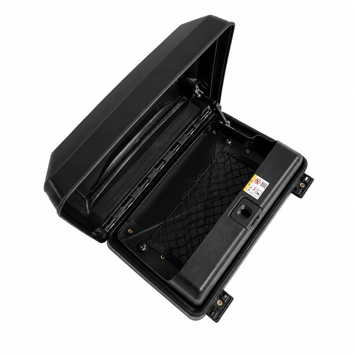 A black hard-shell storage case shown open, revealing a black interior with a mesh organizer and a small panel on the side, photographed on a plain white background.
