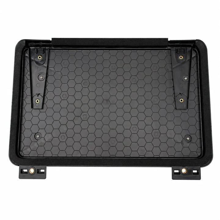 Black textured plastic tray liner with a hexagonal pattern and mounting brackets, shown from a top-down view on a white background.