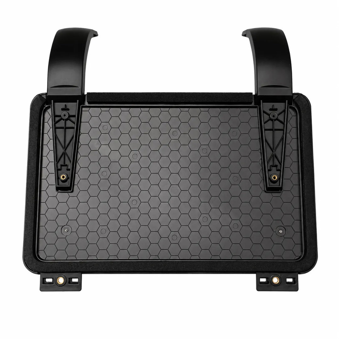 Black textured defender side box with mounting arm cover with, shown from a top-down view on a white background.