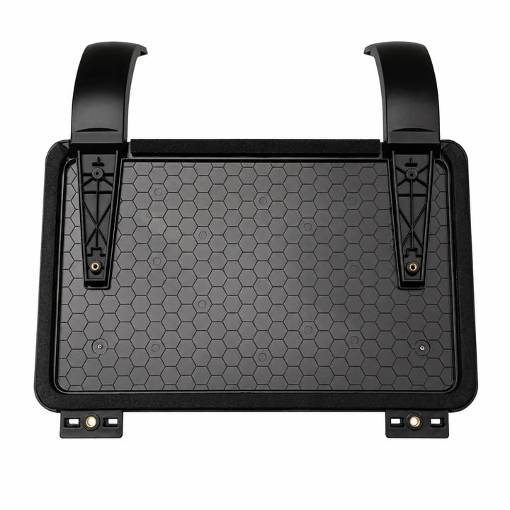 Black textured defender side box with mounting arm cover with, shown from a top-down view on a white background.