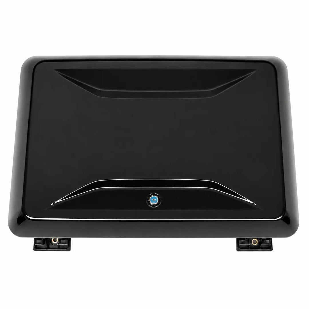 A glossy black rectangular automotive part, likely a side box cover or housing, featuring molded decorative contours and two small mounting brackets at the bottom corners, shown against a plain white background.