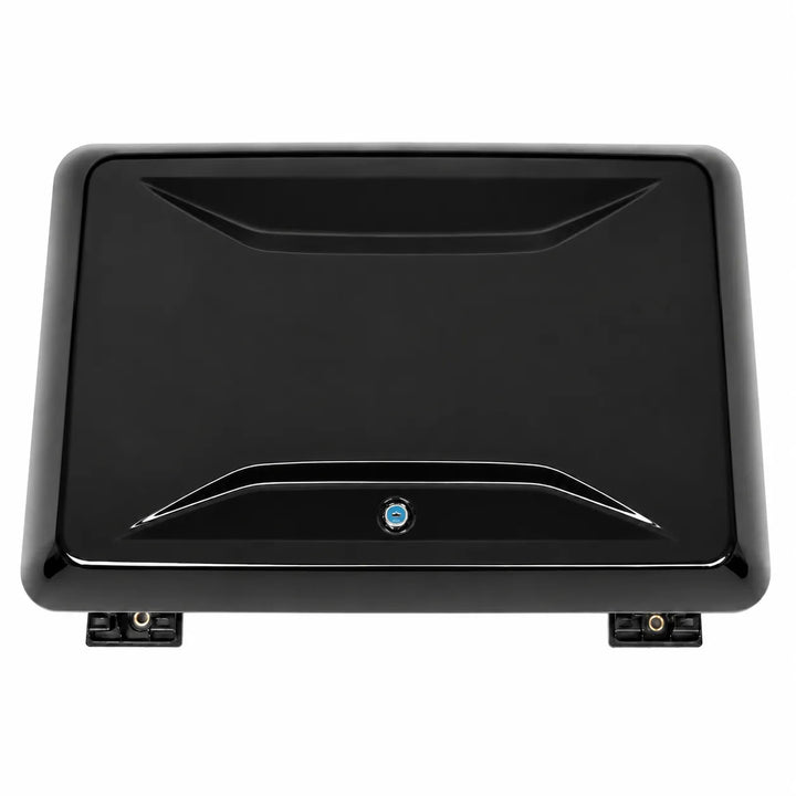 A glossy black rectangular automotive part, likely a side box cover or housing, featuring molded decorative contours and two small mounting brackets at the bottom corners, shown against a plain white background.