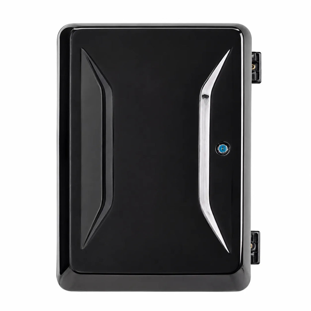 A glossy black rectangular ABS plastic storage box with a glossy finish, featuring, a small lock circular button, and side connectors, shown on a plain white background.