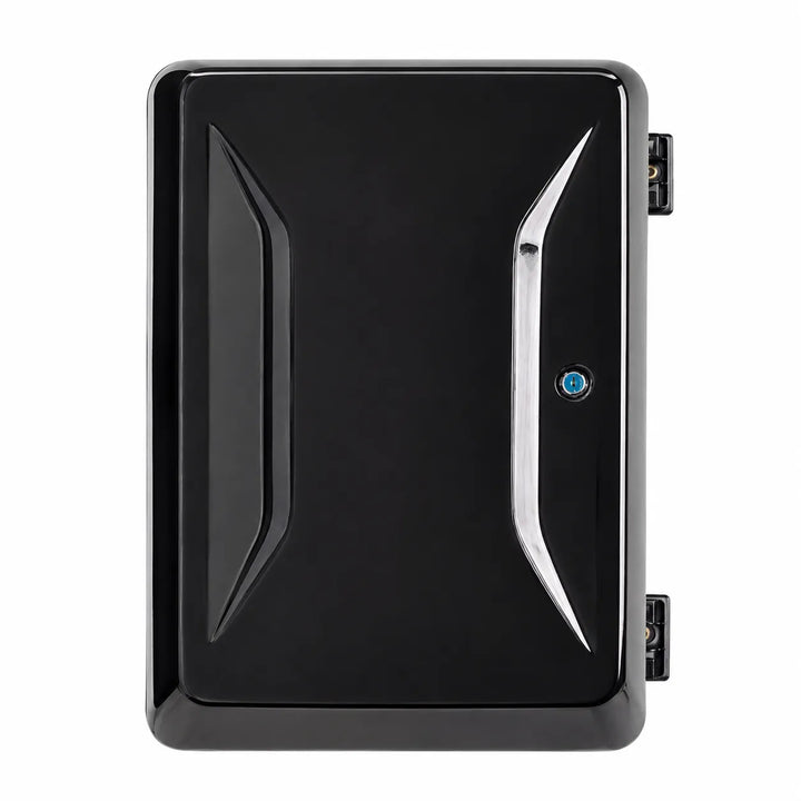 A glossy black rectangular ABS plastic storage box with a glossy finish, featuring, a small lock circular button, and side connectors, shown on a plain white background.