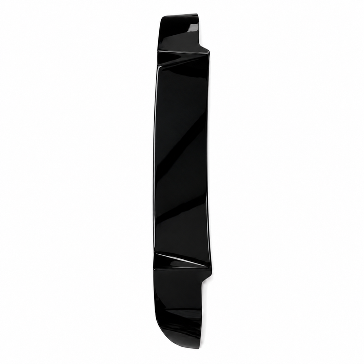 A glossy black plastic trim piece, shot from a high angle, defender lip spoiler, shown vertically on a plain white background.