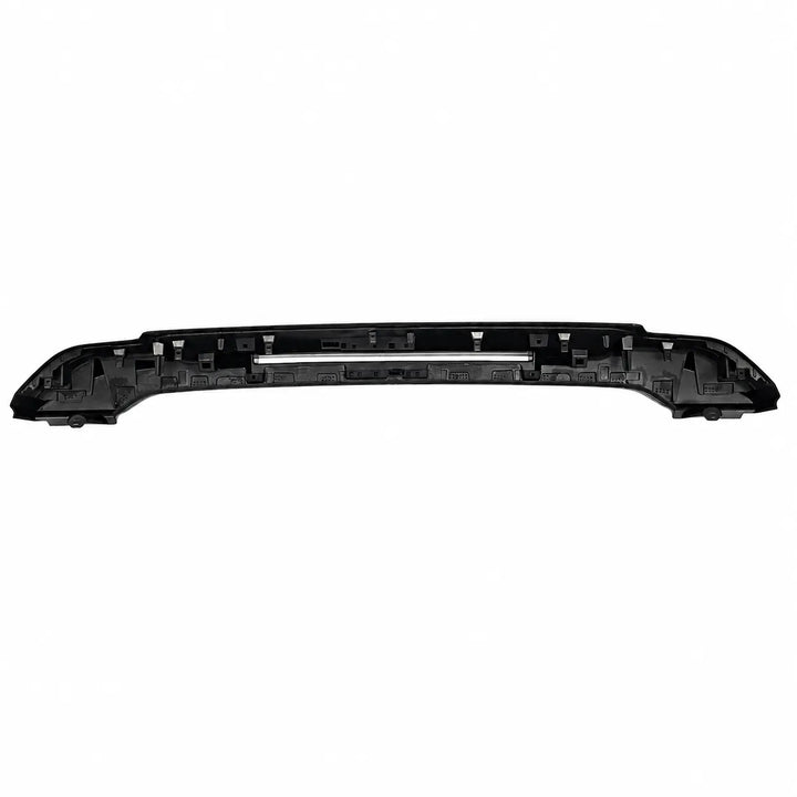 A black plastic automotive spoiler trim piece with mounting points, shown horizontally against a plain white background.