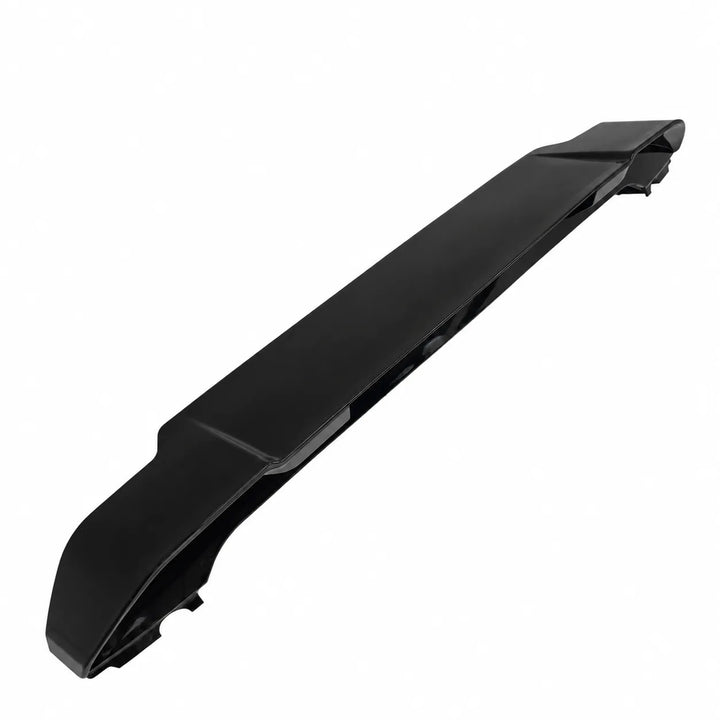 Diagonal Image of a Glossy Black Spoiler with Brake Light Cut Out aggressive styling rear roof lip shown on a white background