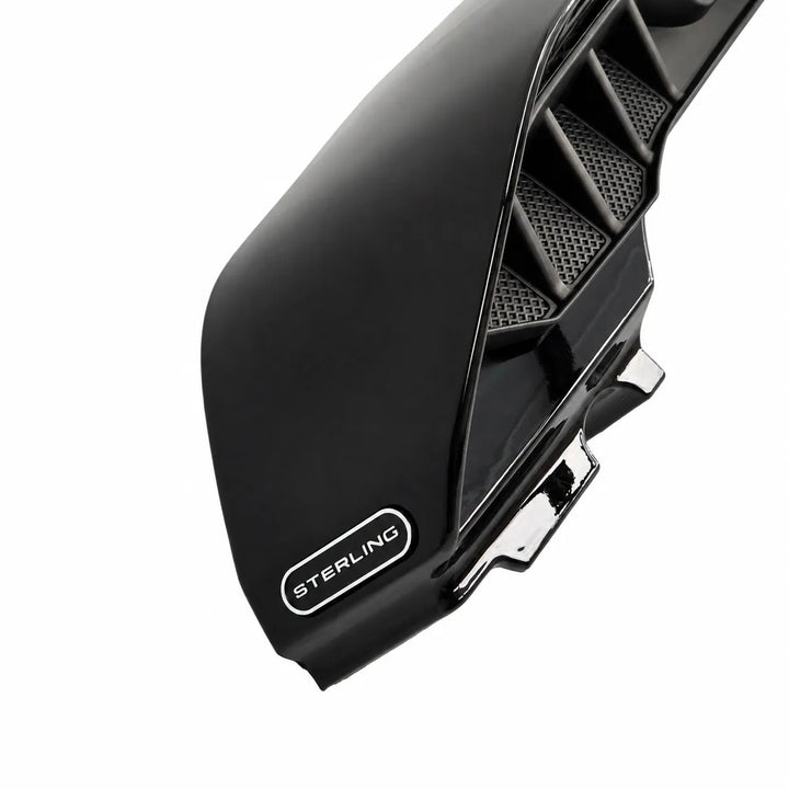 A close-up of a glossy black Defender Spoiler side panel with a visible Sterling logo badge, shown on a plain white background.