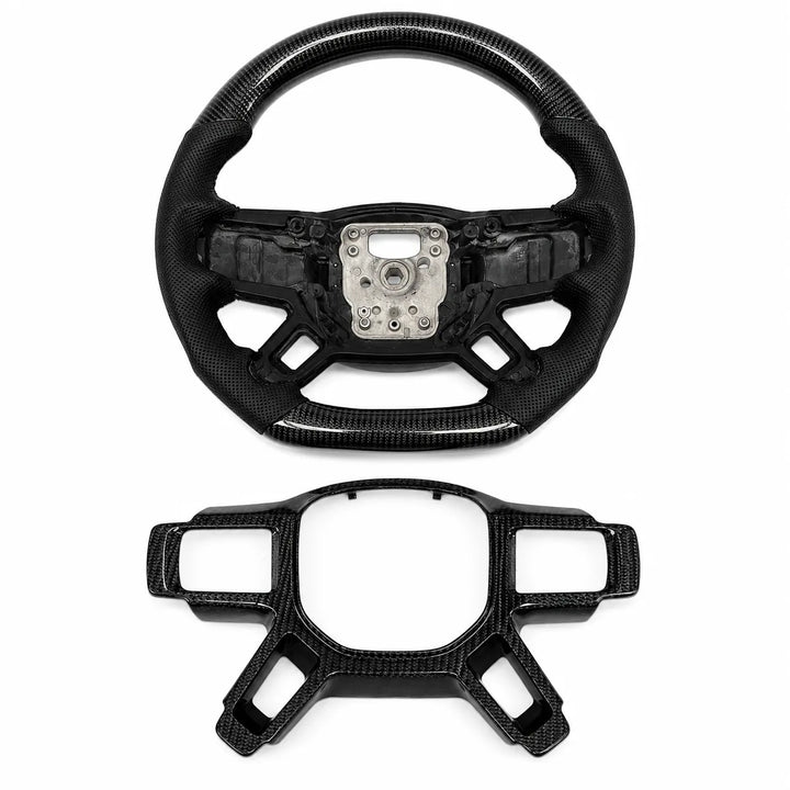 A carbon fiber steering wheel trim kit shown in two pieces: a wrap applied to the top half of a steering wheel, and a matching inner center console trim piece below, on a solid white background.