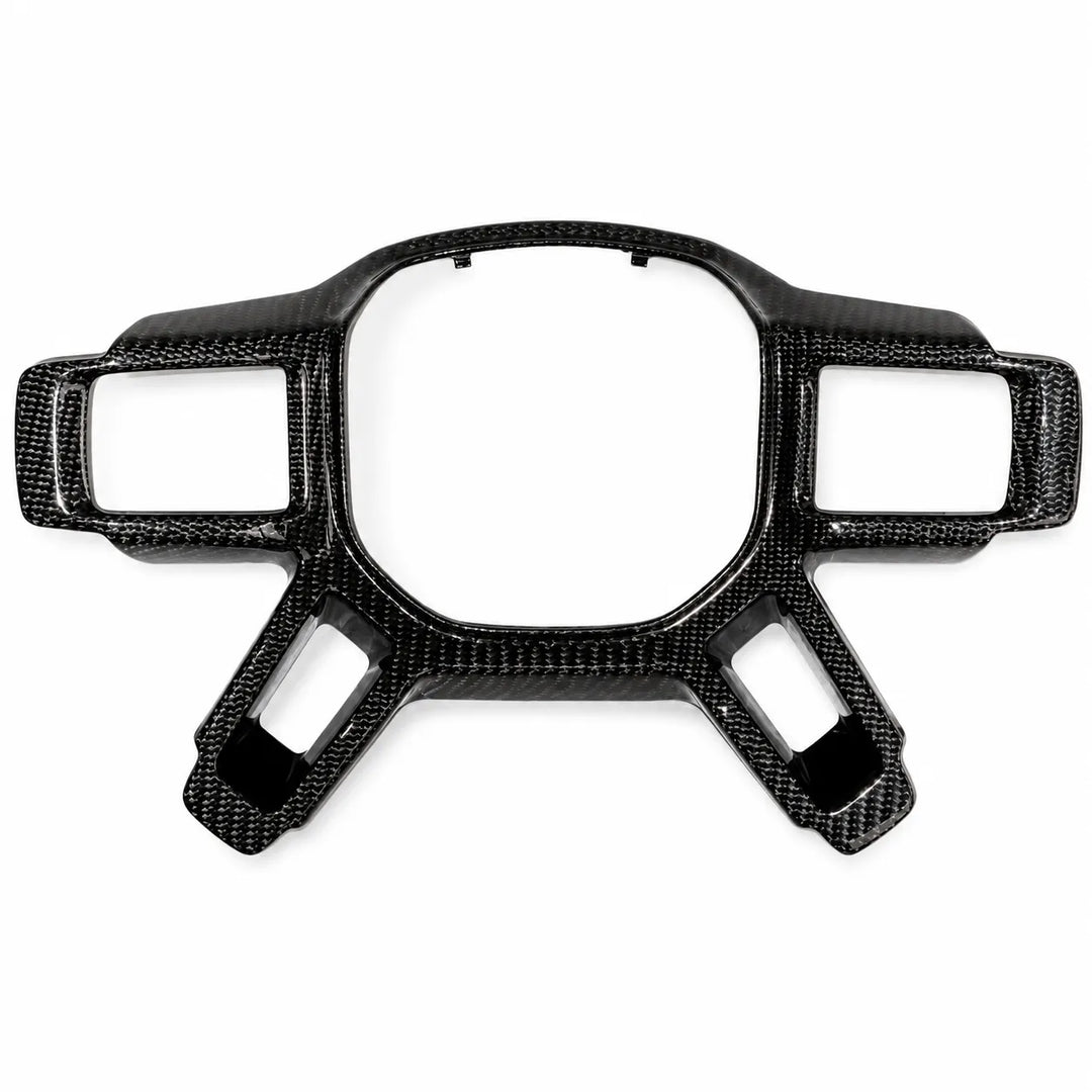 A carbon fiber steering wheel trim frame with a glossy woven texture, shown against a plain white background.