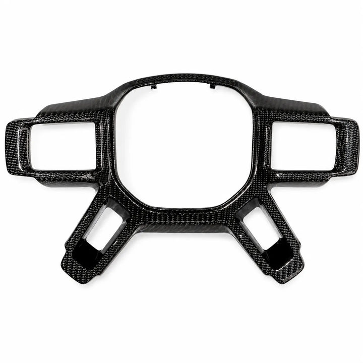 A carbon fiber steering wheel trim frame with a glossy woven texture, shown against a plain white background.