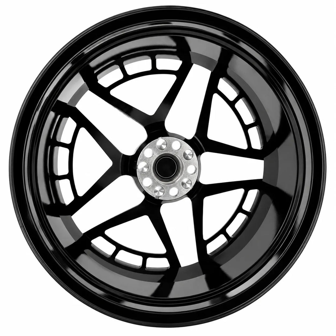 A glossy black multi-spoke alloy wheel rim with a silver multi-hole center cap, shown from a top-down perspective on a solid white background.