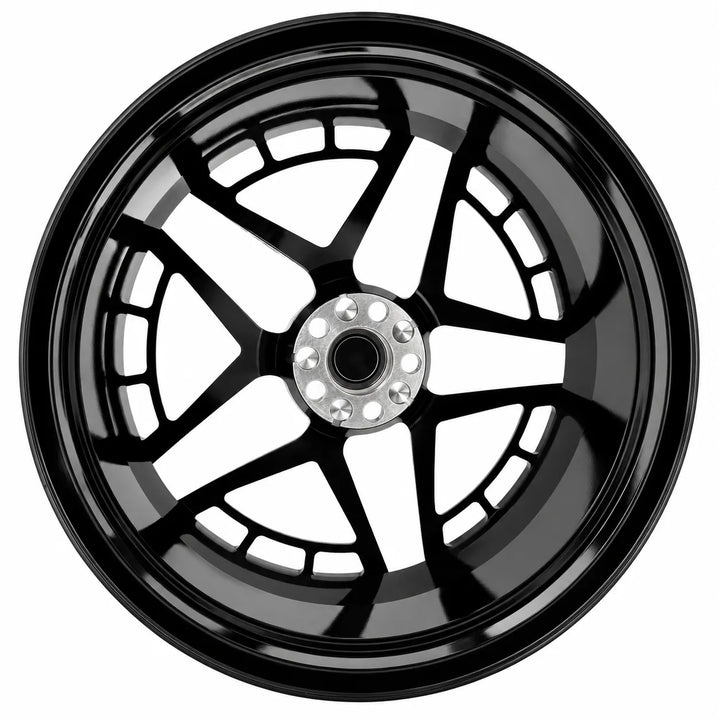 A glossy black multi-spoke alloy wheel rim with a silver multi-hole center cap, shown from a top-down perspective on a solid white background.