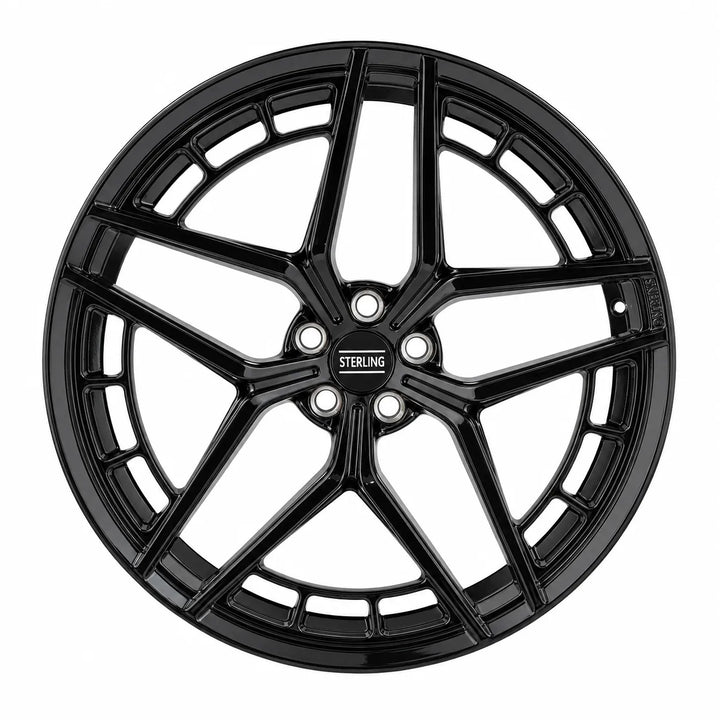 A single black multi-spoke alloy car wheel rim shown from a top-down angle on a plain white background. The center cap and edge of the wheel features the 'STERLING' brand name.