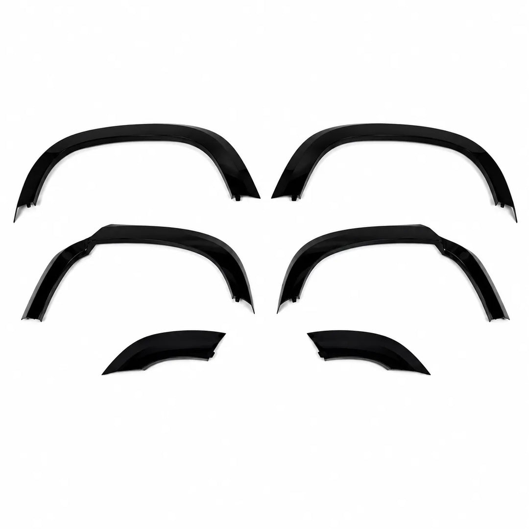 Four plastic Sterling automotive wheel arches fender covers arranged in a 2x2 layout on a plain white background, 6 piece arch set gloss black abs.
