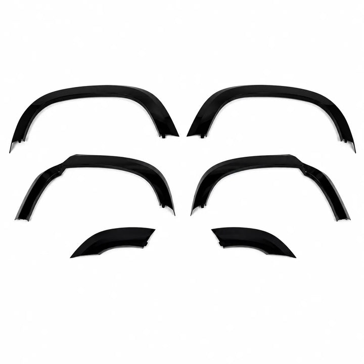 Four plastic Sterling automotive wheel arches fender covers arranged in a 2x2 layout on a plain white background, 6 piece arch set gloss black abs.
