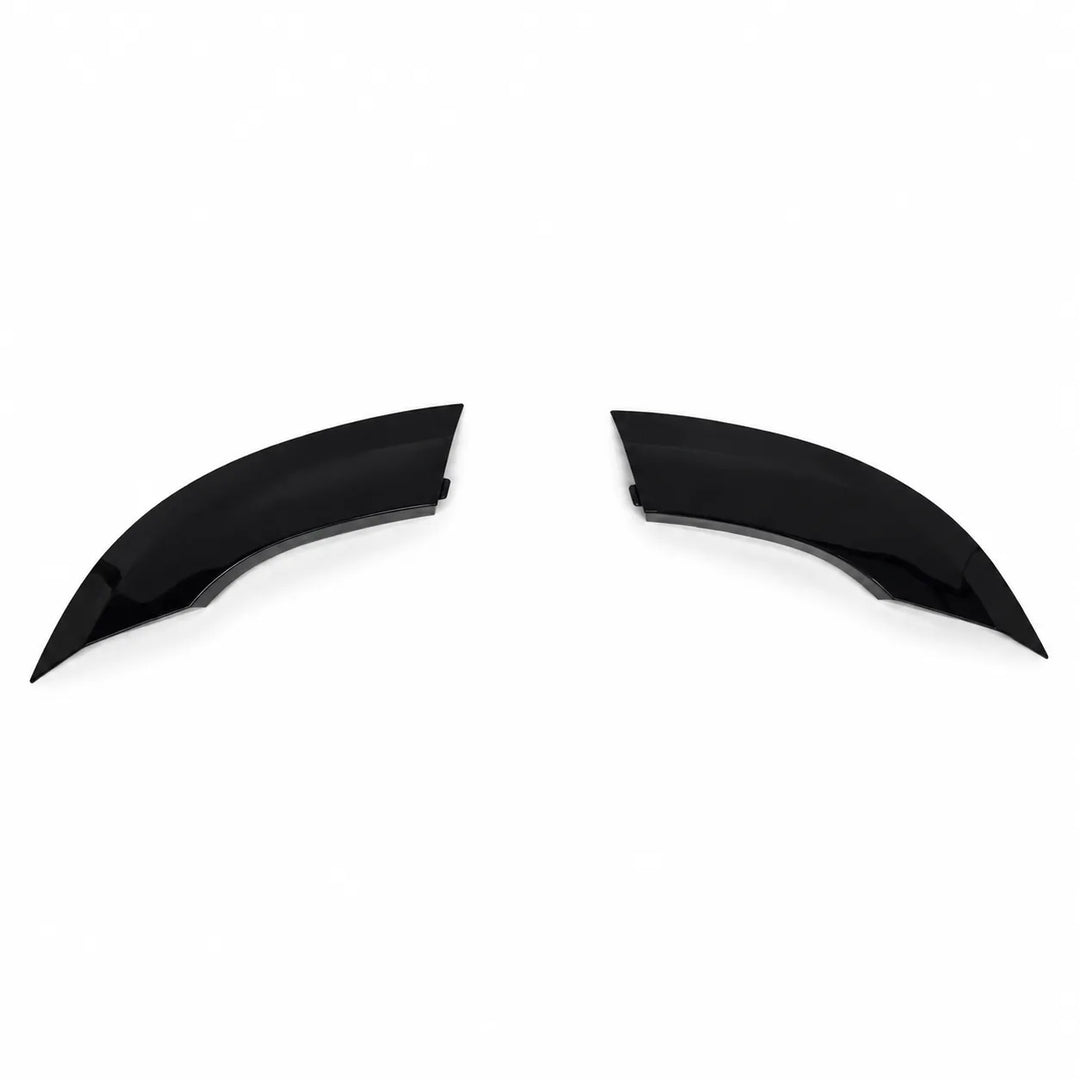 Two plastic Sterling automotive wheel arches fender covers on a plain white background, 2 piece arch gloss black abs.