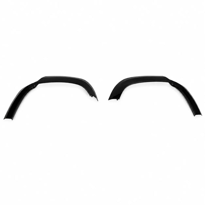 Two plastic Sterling automotive wheel arches fender covers on a plain white background, 2 piece arch set gloss black abs.
