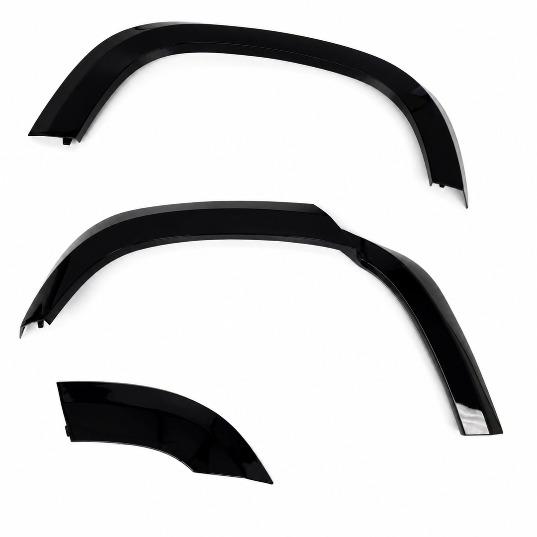 Two plastic Sterling automotive wheel arches fender covers arranged in a RHS layout on a plain white background, 3 piece arch set gloss black abs.