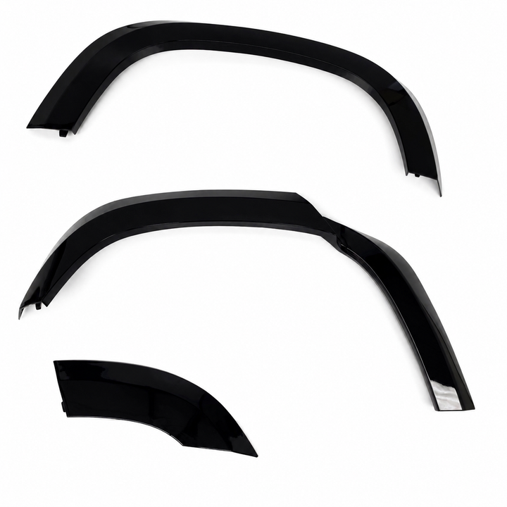 Two plastic Sterling automotive wheel arches fender covers arranged in a RHS layout on a plain white background, 3 piece arch set gloss black abs.