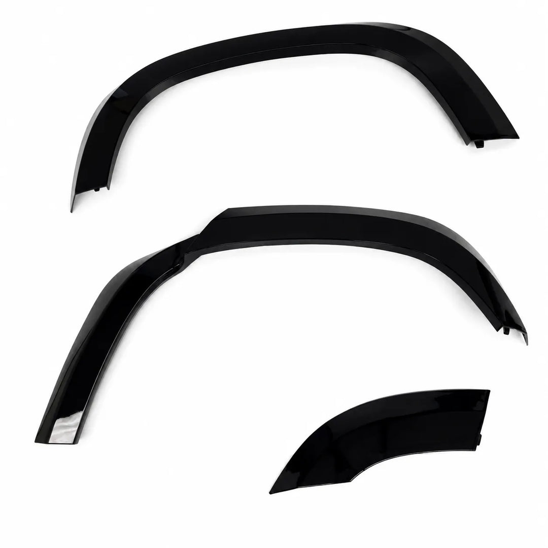 Two plastic Sterling automotive wheel arches fender covers arranged in a LHS layout on a plain white background, 3 piece arch set gloss black abs.