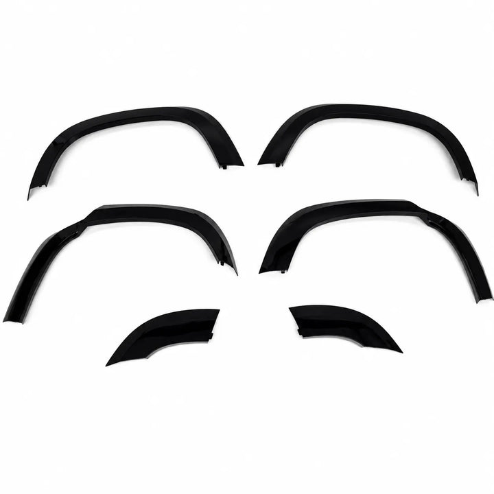 Four plastic Sterling automotive wheel arches fender covers arranged in a 2x2 layout on a plain white background, 6 piece arch set gloss black abs.