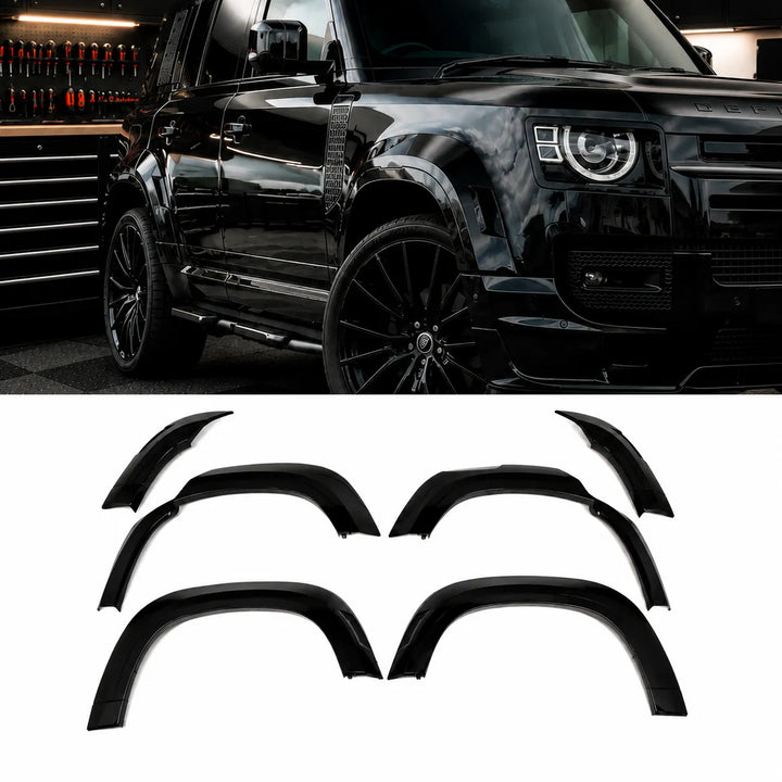 Black Defender L663 SUV fitted with raptor style arches arranged on a 50/50 shot six black glossy car wheel arches or fender extensions. 6x Gloss Black Raptor Style Arches full 6 piece set