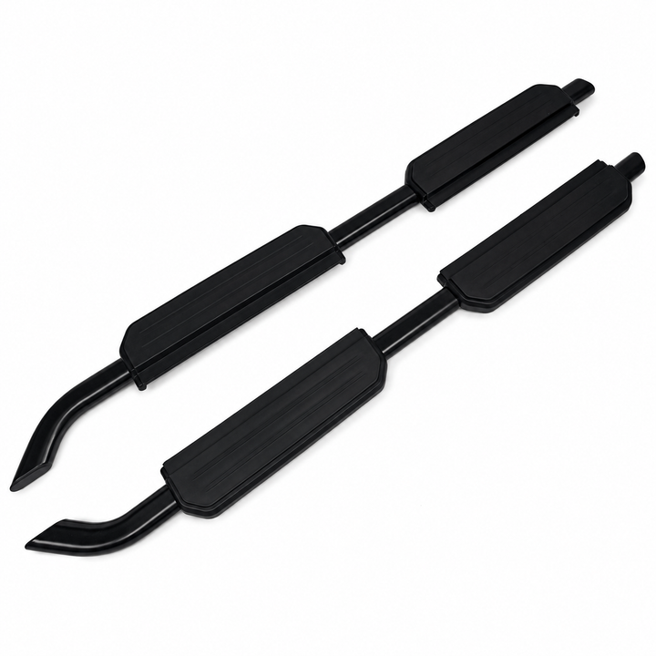 A pair of black metal and rubber side steps bumper protectors shown on a plain white background.