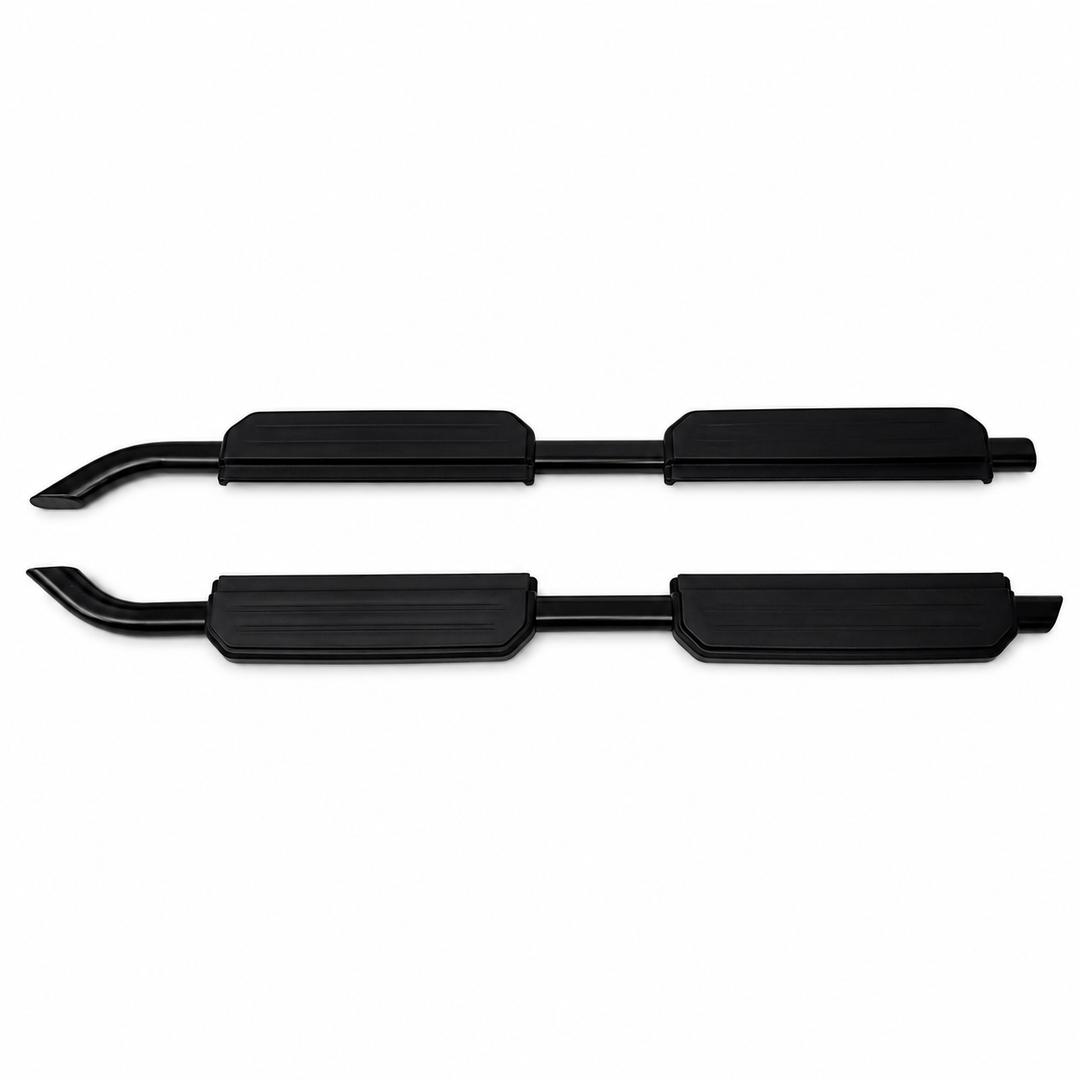 A pair of black metal and rubber side step bars for a vehicle, displayed horizontally against a plain white background.