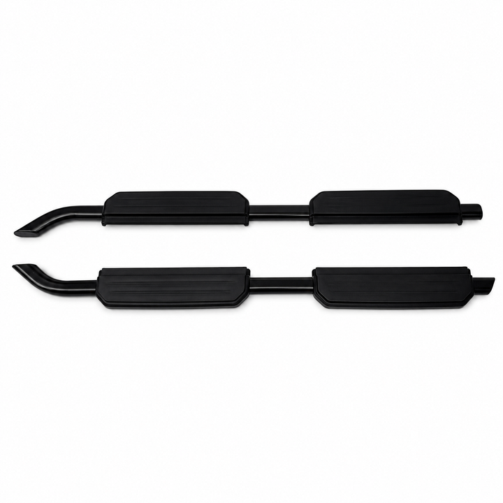 A pair of black metal and rubber side step bars for a vehicle, displayed horizontally against a plain white background.