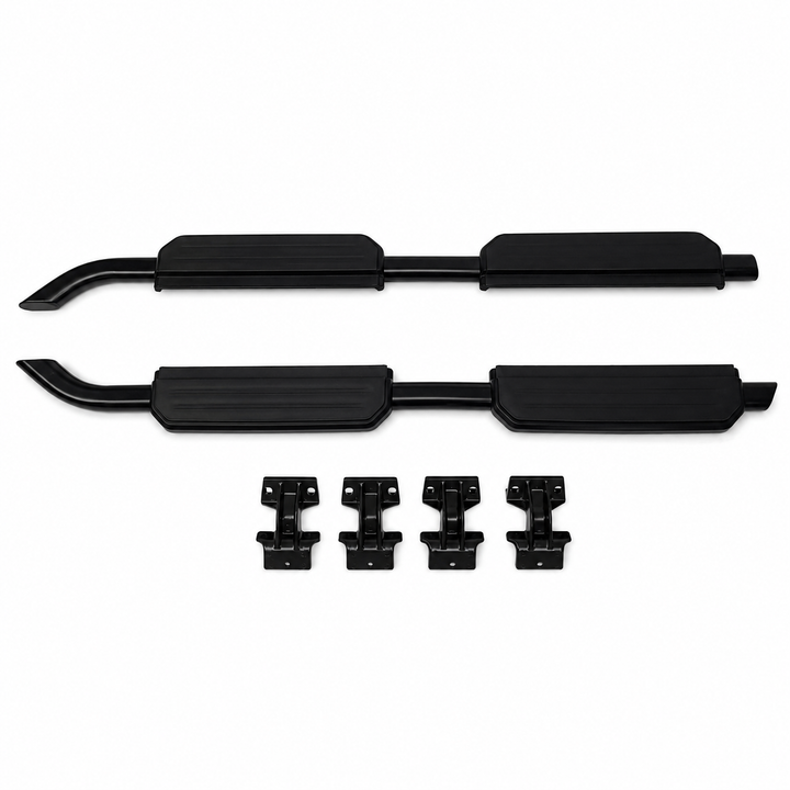 A pair of black metal and rubber vehicle side steps with four matching black mounting brackets, displayed on a clean white background.