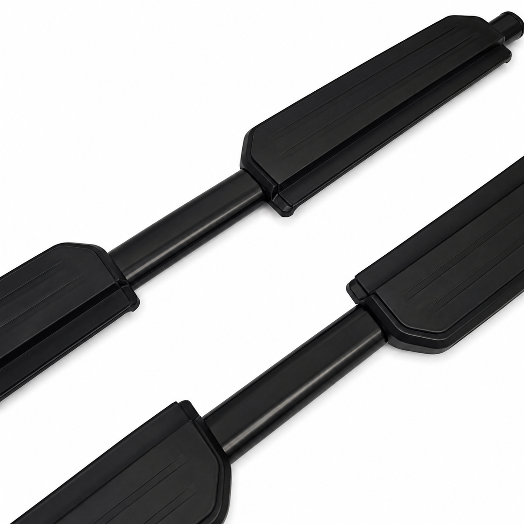 A pair of black metal and rubber side steps shown diagonally on a plain white background.