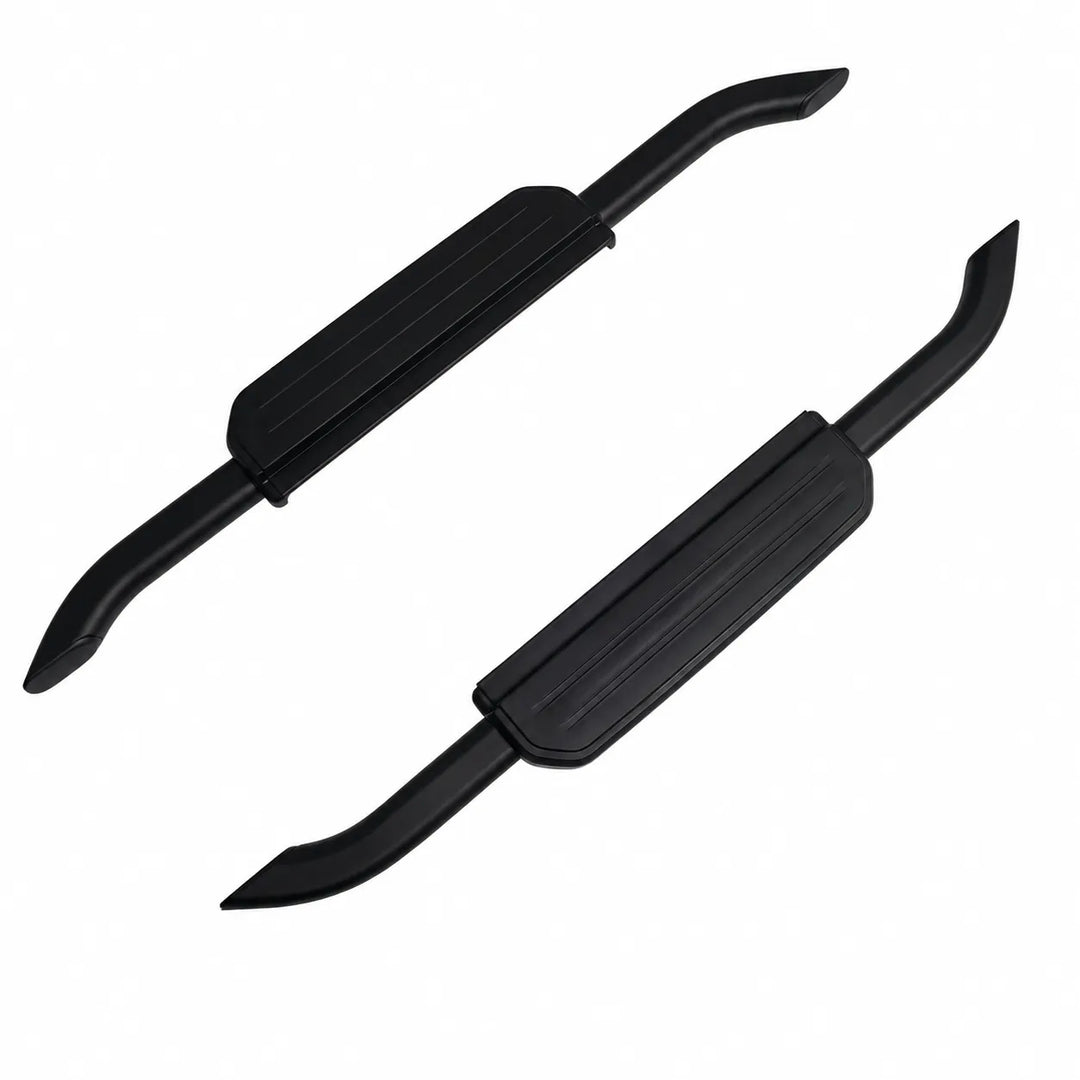 A pair of black metal L663 Side Steps with rubber steps , shown on a plain white background.