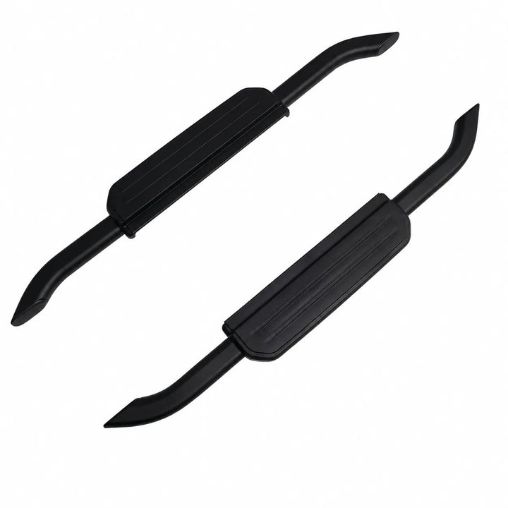 A pair of black metal L663 Side Steps with rubber steps , shown on a plain white background.