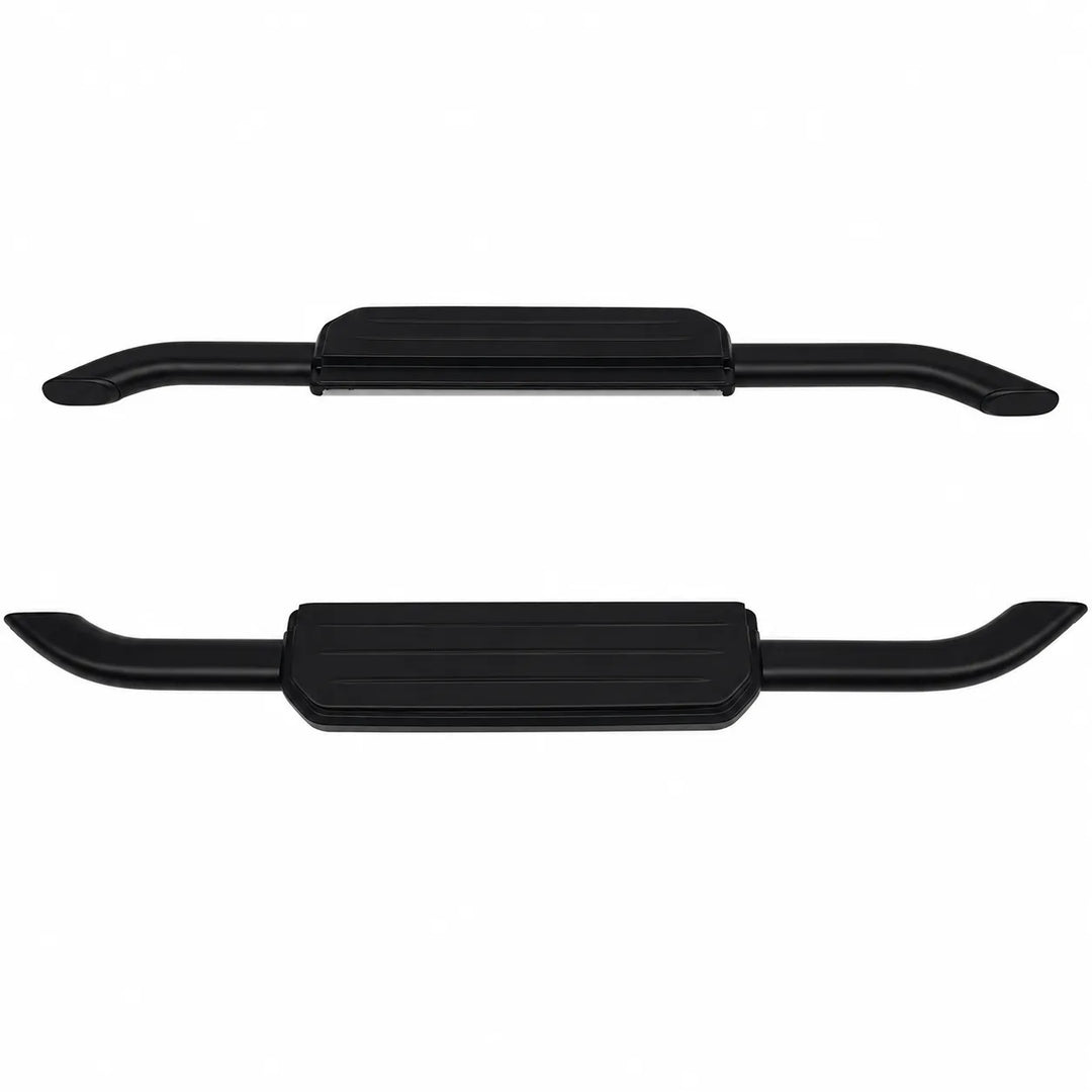 A pair of black metal vehicle side steps, shown from the front and back against a plain white background.