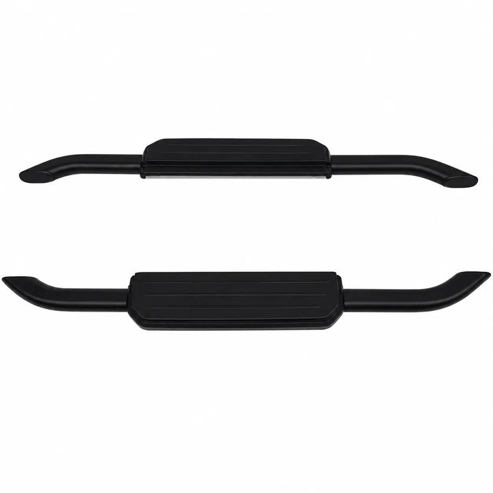 A pair of black metal vehicle side steps, shown from the front and back against a plain white background.