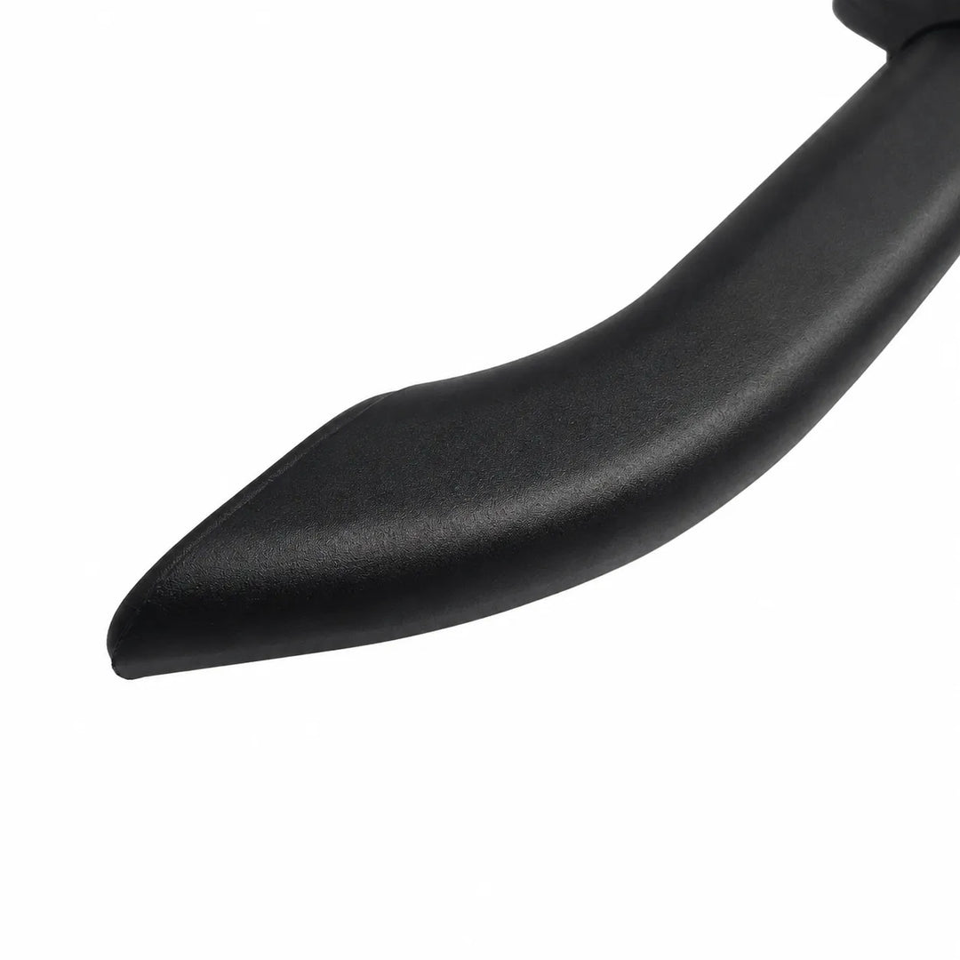 Close-up of a black curved handle or grip with a matte finish on a plain white background.