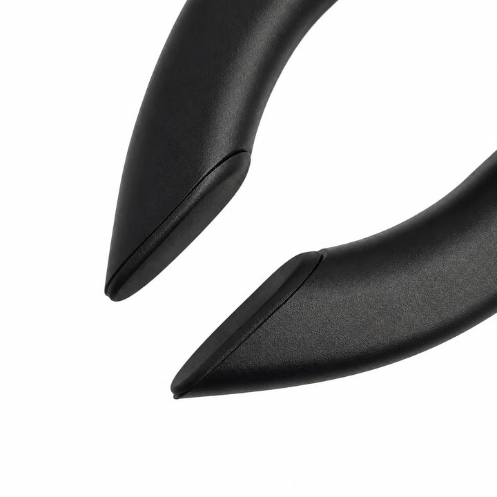 Close-up of two matte black curved components with a matte finish, shown against a solid white background.