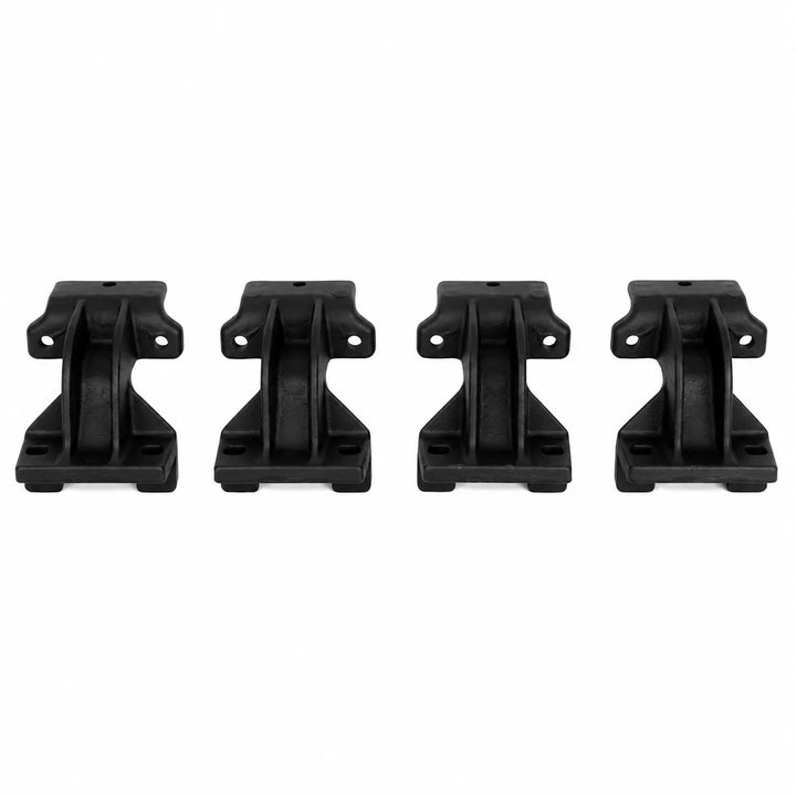 Four black plastic mounting brackets arranged in a row on a plain white background.