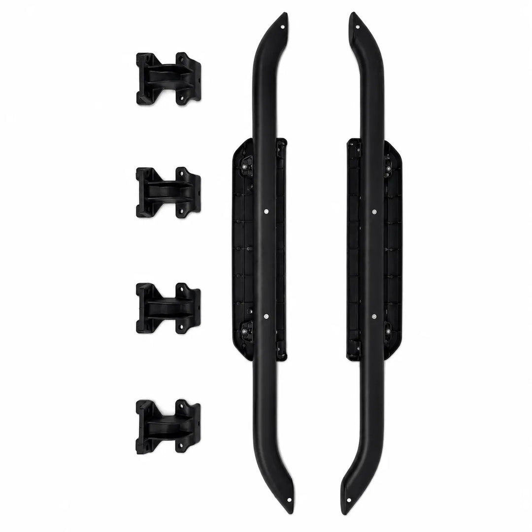 A set of black metal vehicle side step accessories, including two long curved mounting bars and four smaller bracket pieces, arranged on a plain white background.