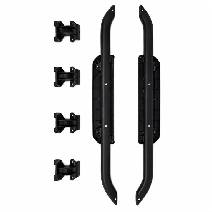 A set of black metal vehicle side step accessories, including two long curved mounting bars and four smaller bracket pieces, arranged on a plain white background.