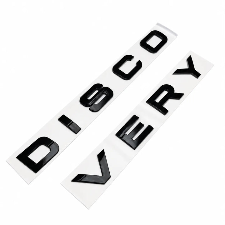 discovery 5 disco lettering gloss black finish on a white background 'DISCOVERY' bonnet logos 